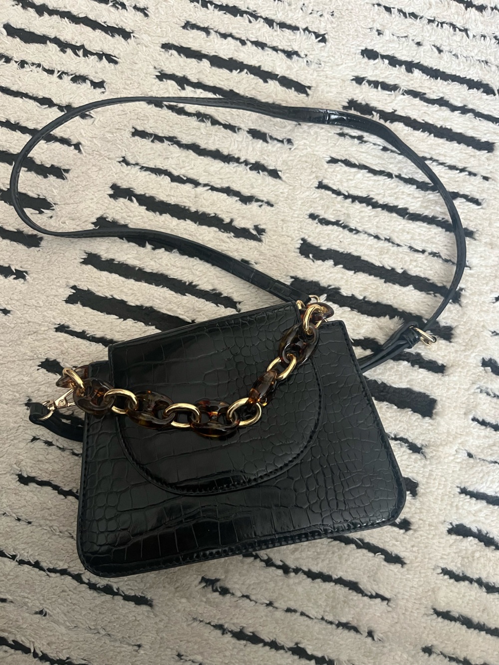 Call It Spring Black Croc-Embossed Crossbody Bag with Tortoiseshell-Style Chain